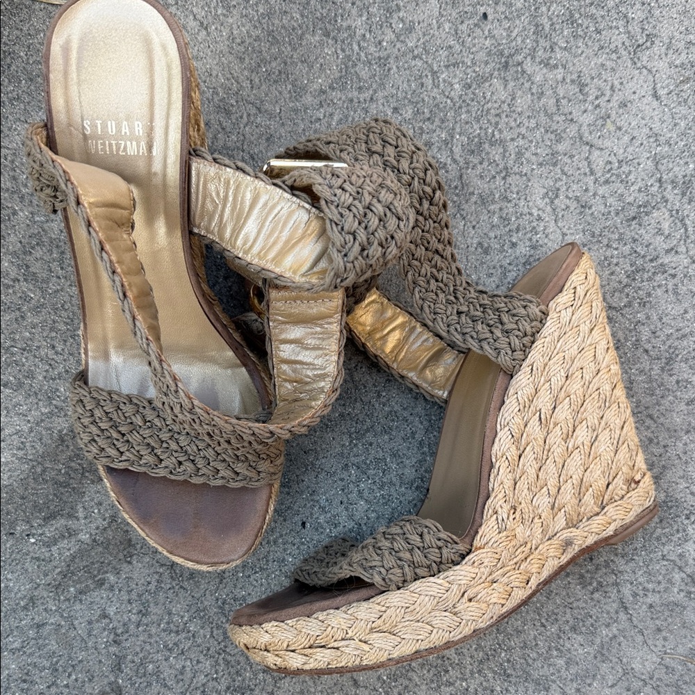 Stuart Weitzman Tan and Cream Woven Wedges